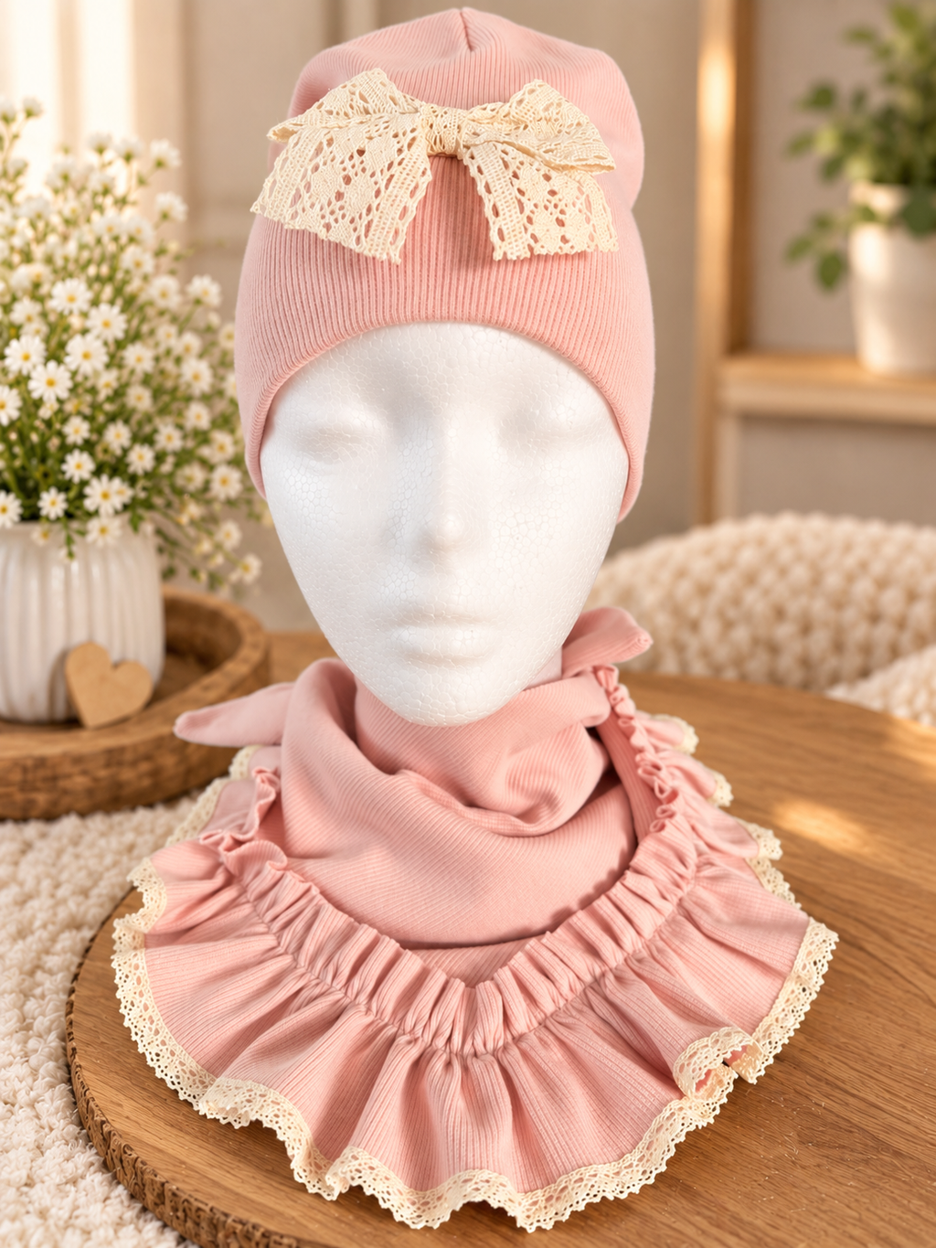 Girls Pink Hat Set with Lace Bow