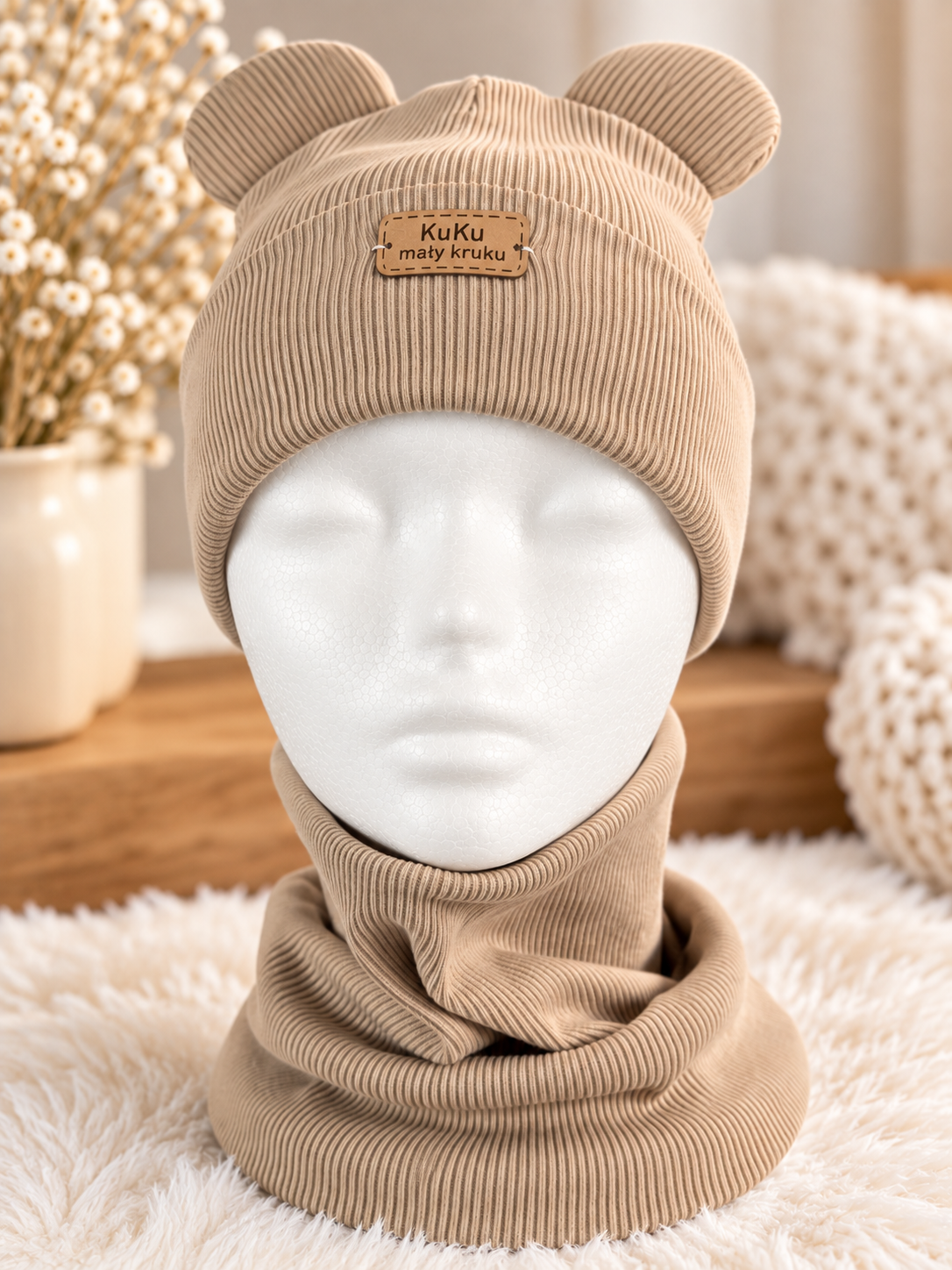 Boys Light Brown Hat Set with Bear Ears