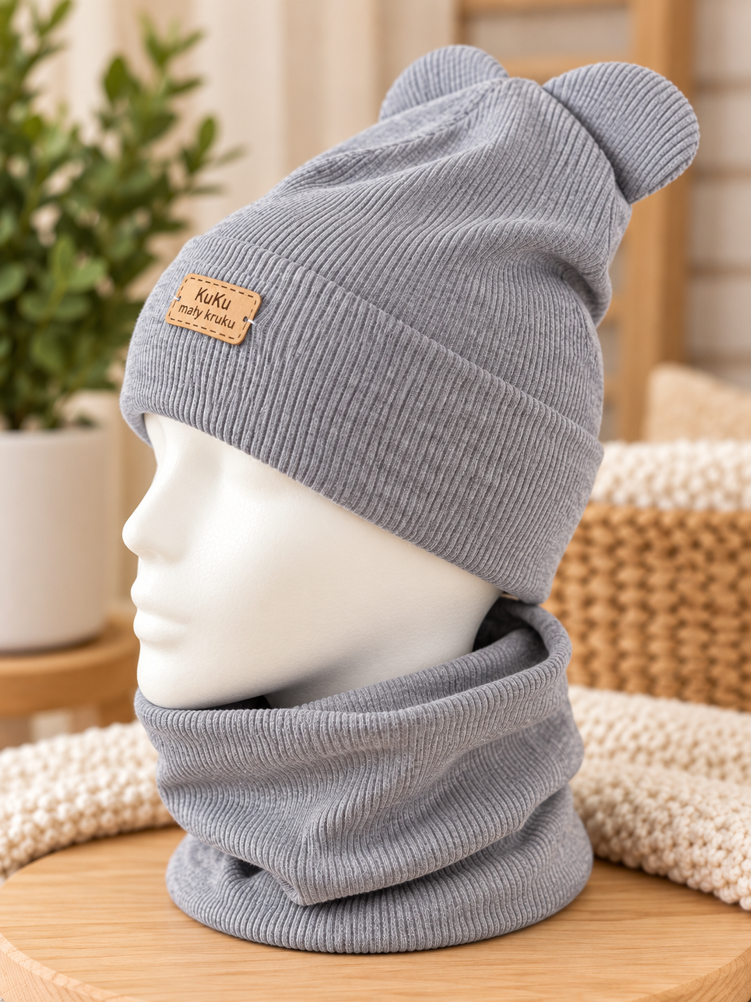Boys Light Gray Hat Set with Bear Ears