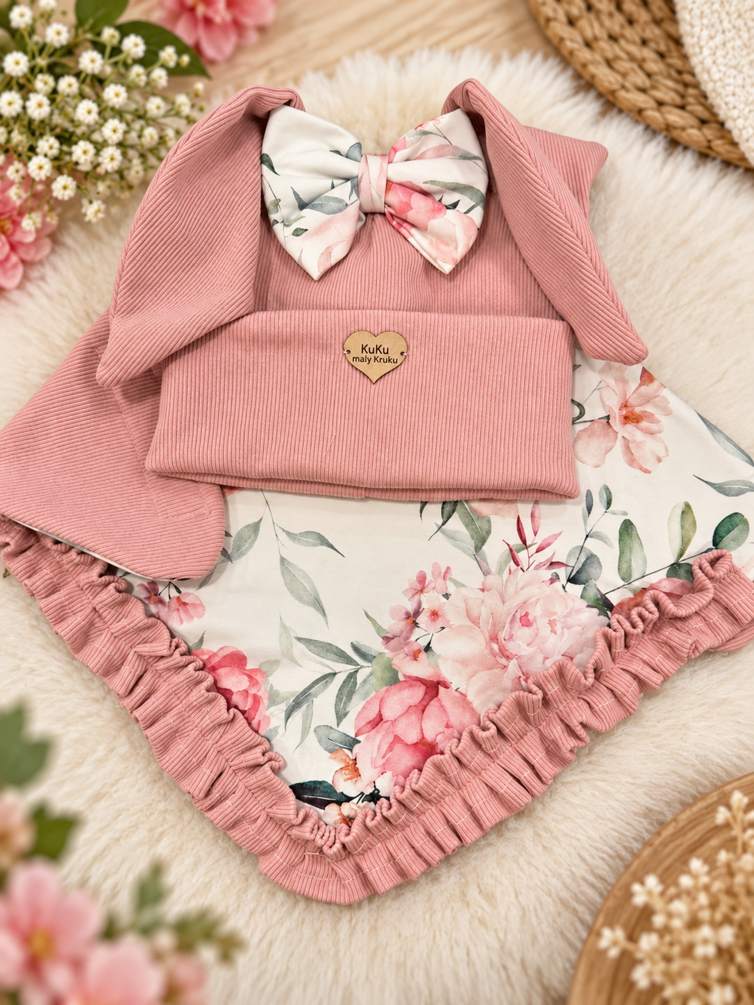 Girls Pink Hat Set with Bunny Ears and Bow