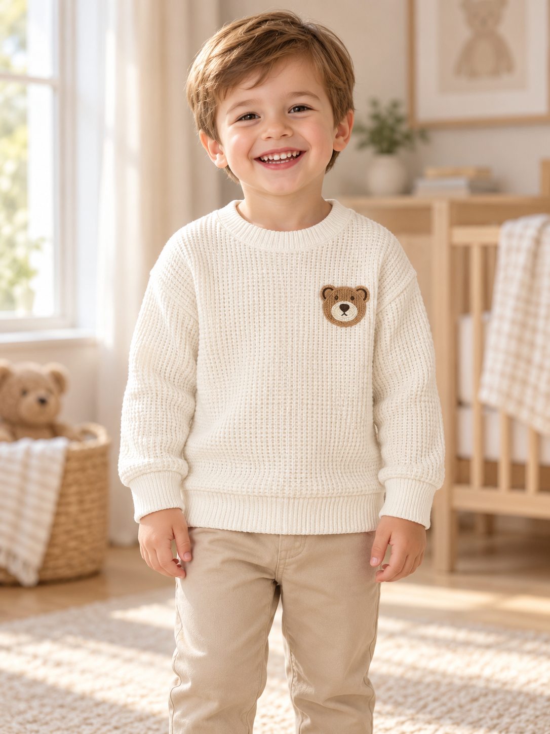 Boys/ Baby Boys White Sweater with Brown Bear