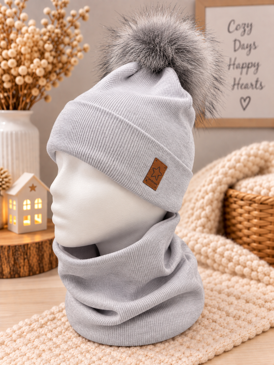 Boys Light Gray Fleece Hat Set