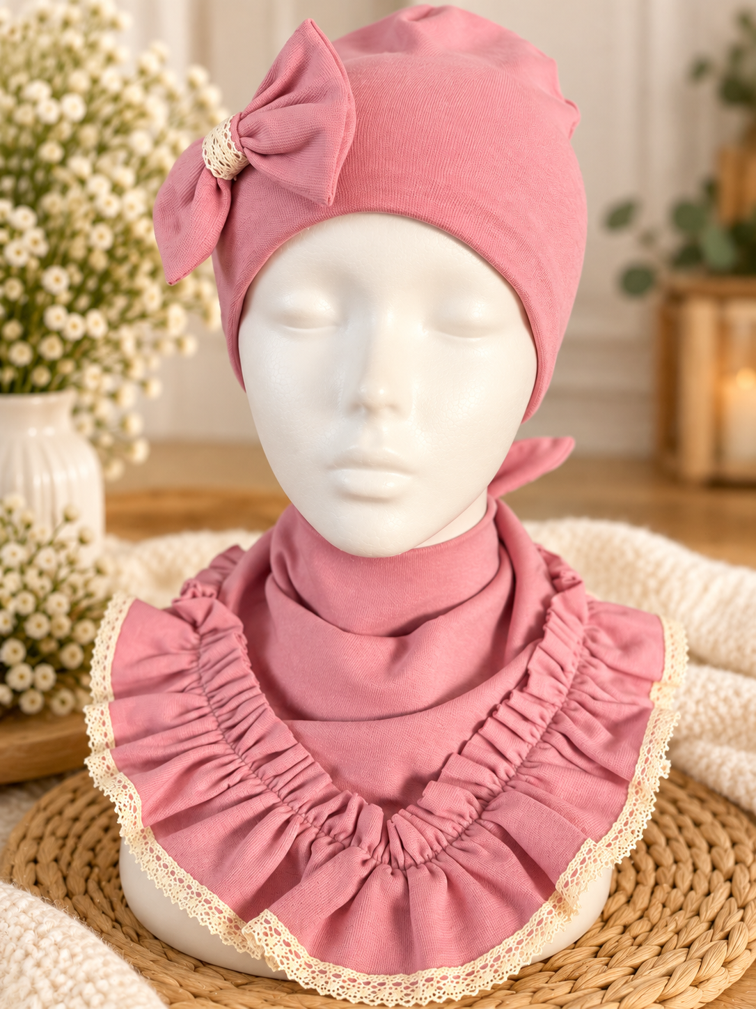 Girls Pink Hat Set with Bow