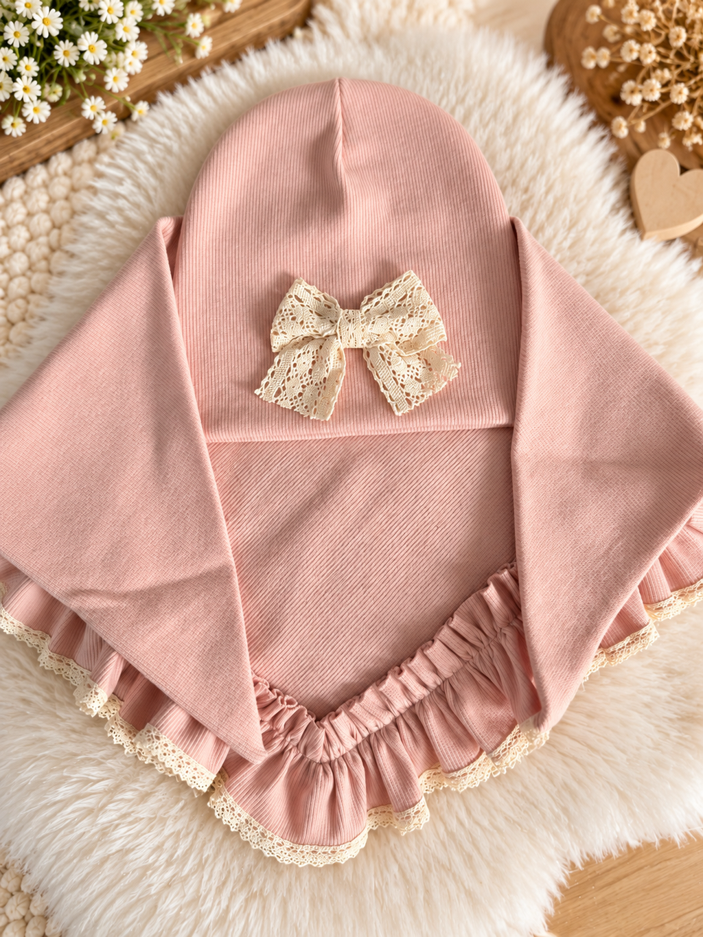 Girls Pink Hat Set with Lace Bow