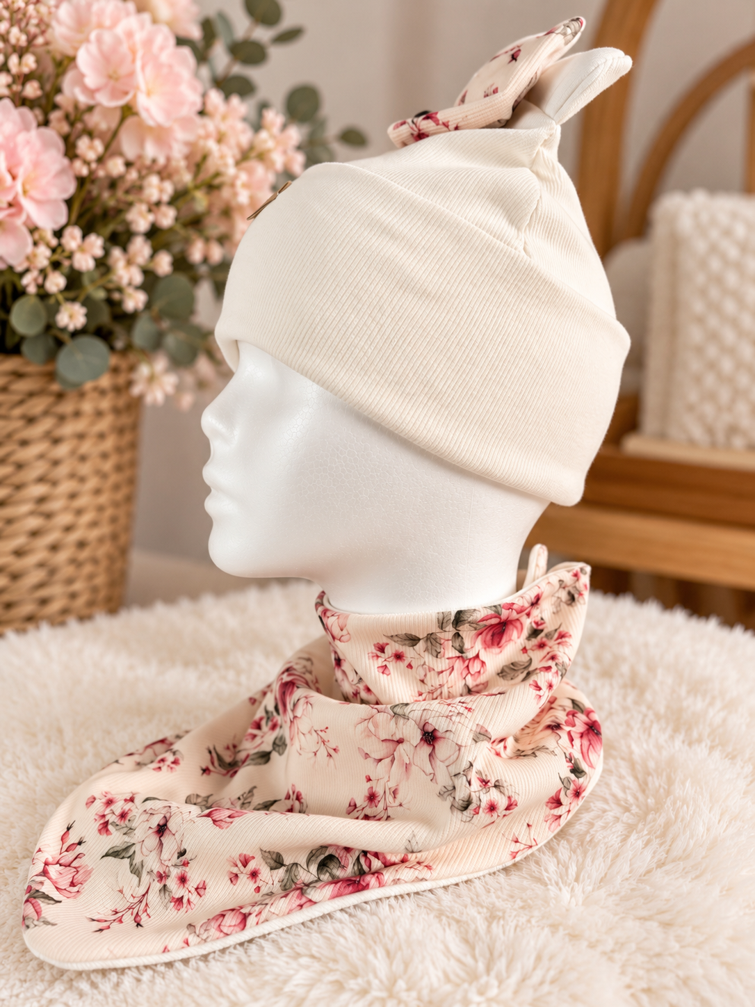 Girls Light Pink/White Flowers Hat Set with Bear Ears and Bow