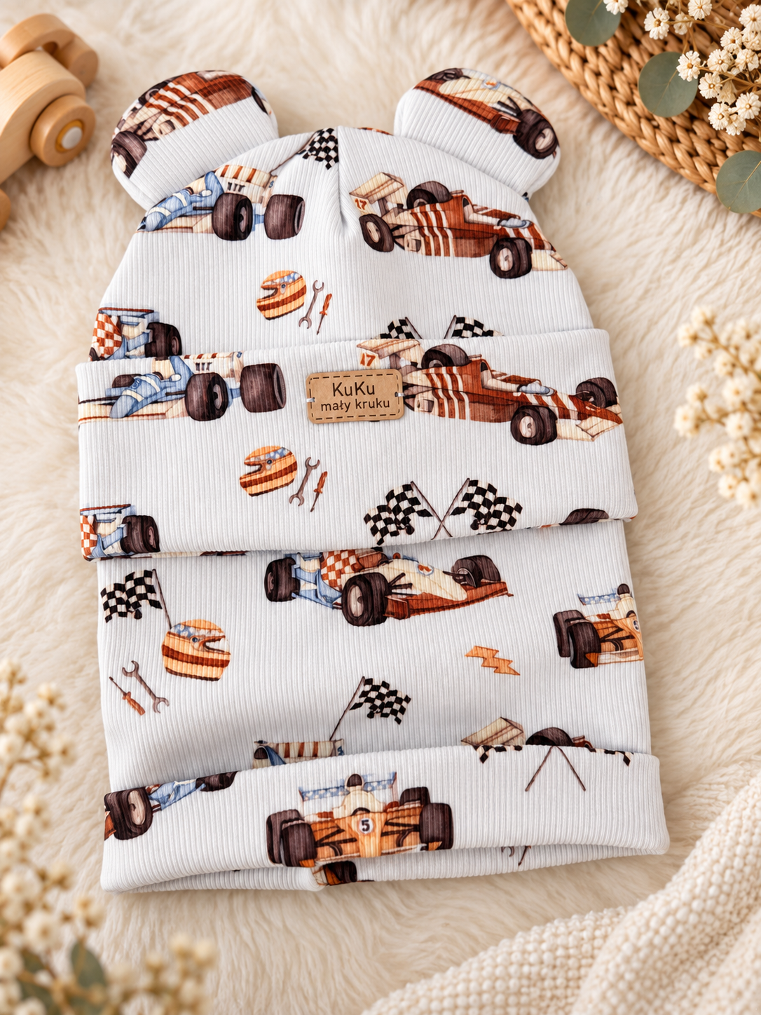 Boys Race Cars Hat Set with Bear Ears