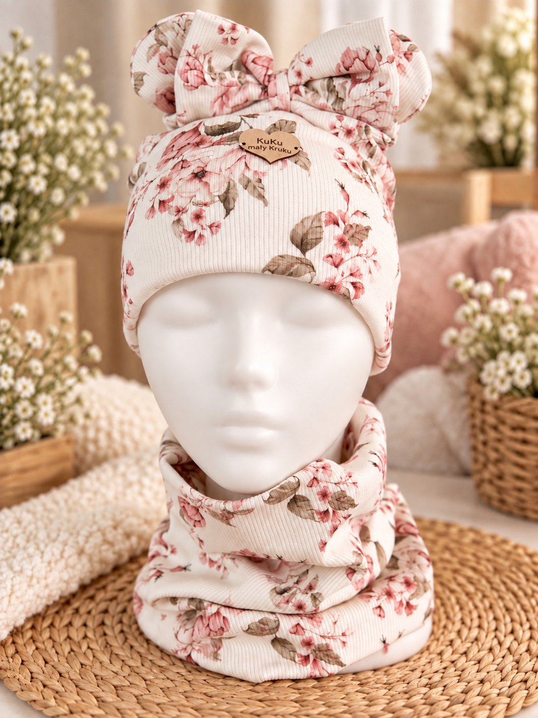 Girls Light Pink Flowers Hat Set with Bear Ears and Bow