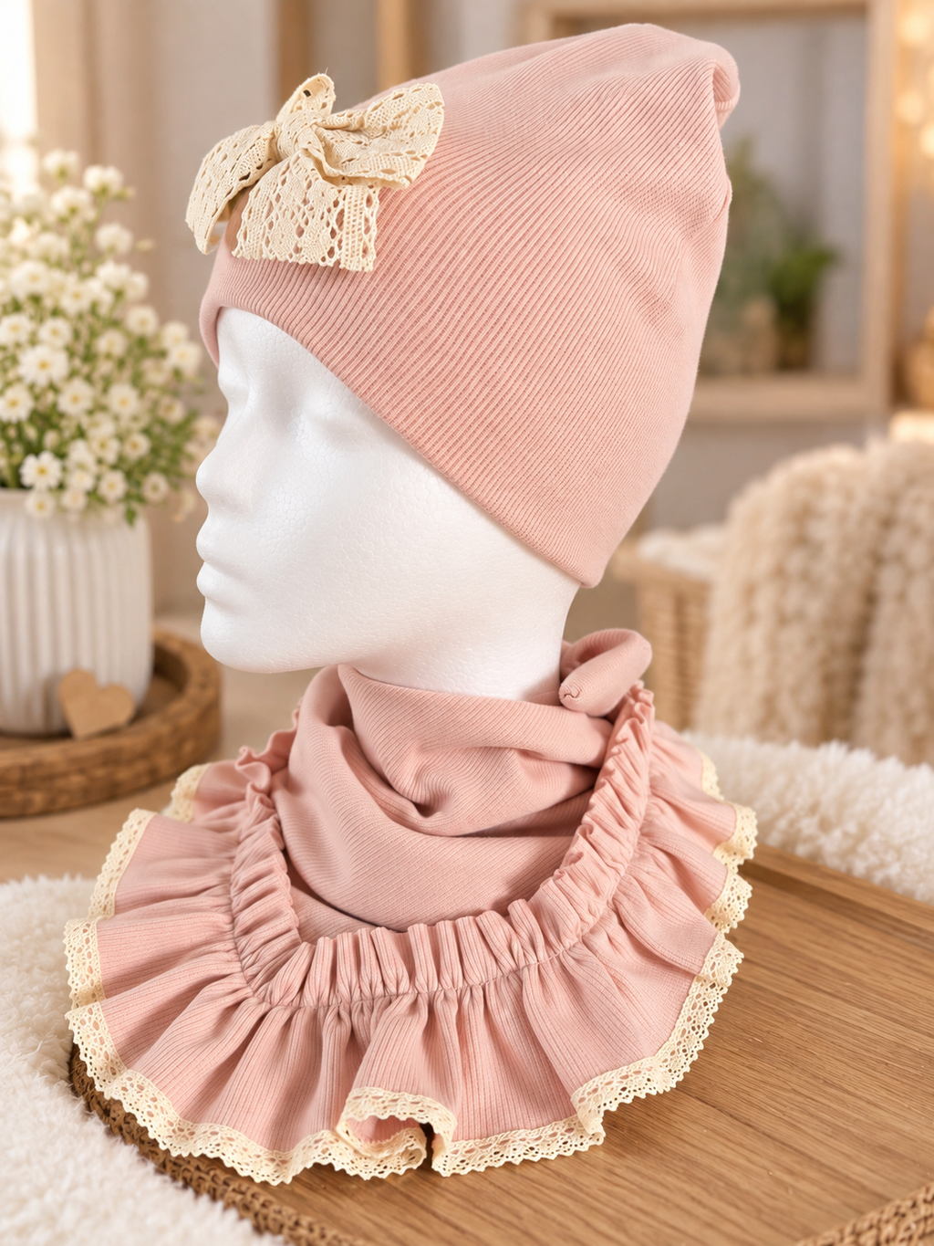 Girls Pink Hat Set with Lace Bow
