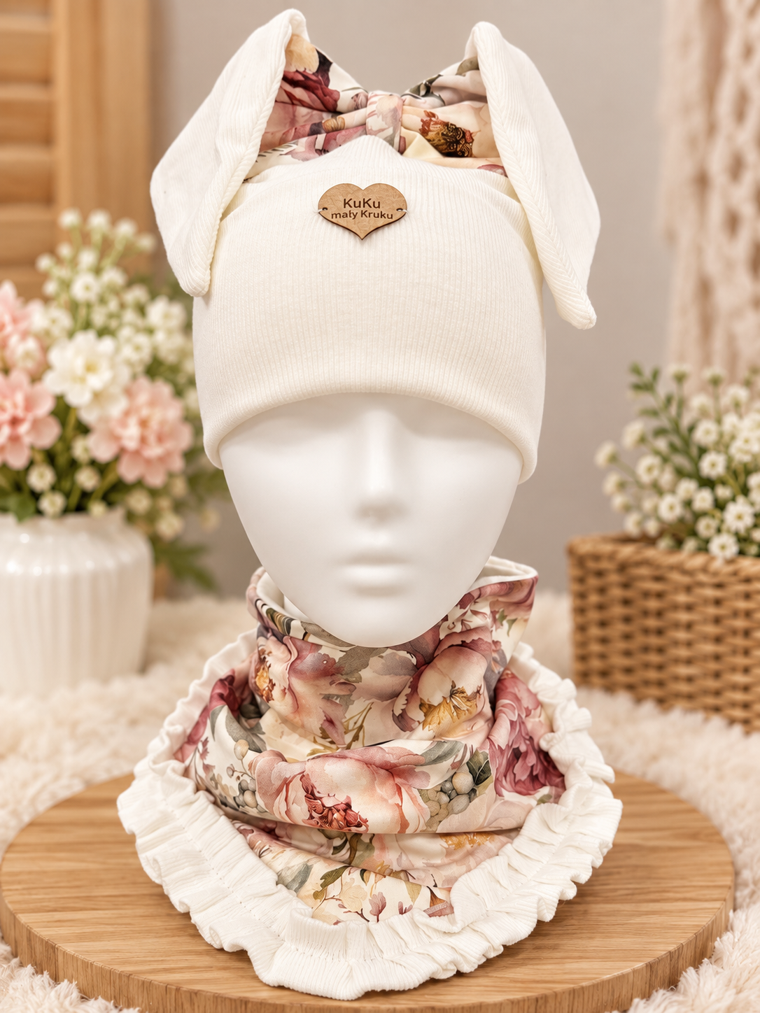 Girls White/Pink Hat Set with Bunny Ears and Bow