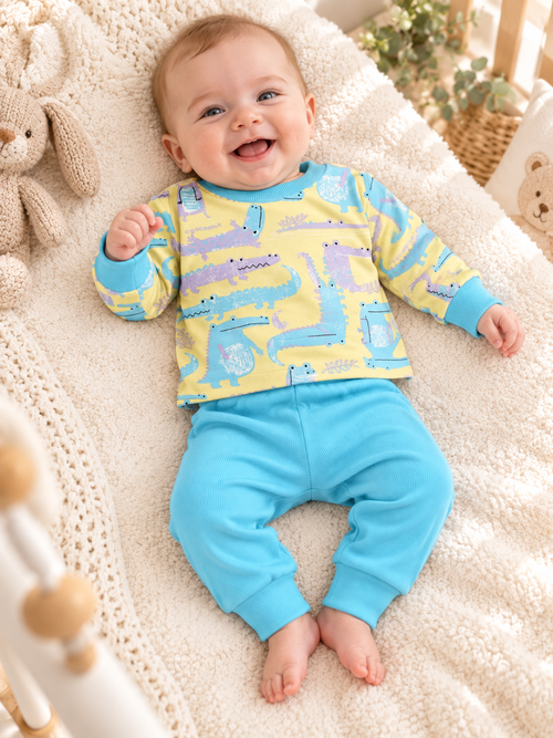 Child wearing Baby Boys Blue Crocodiles Set in a natural lifestyle setting