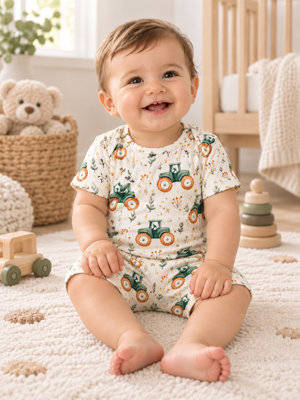 Child wearing Baby Boys Green Tractors Set with matching shorts