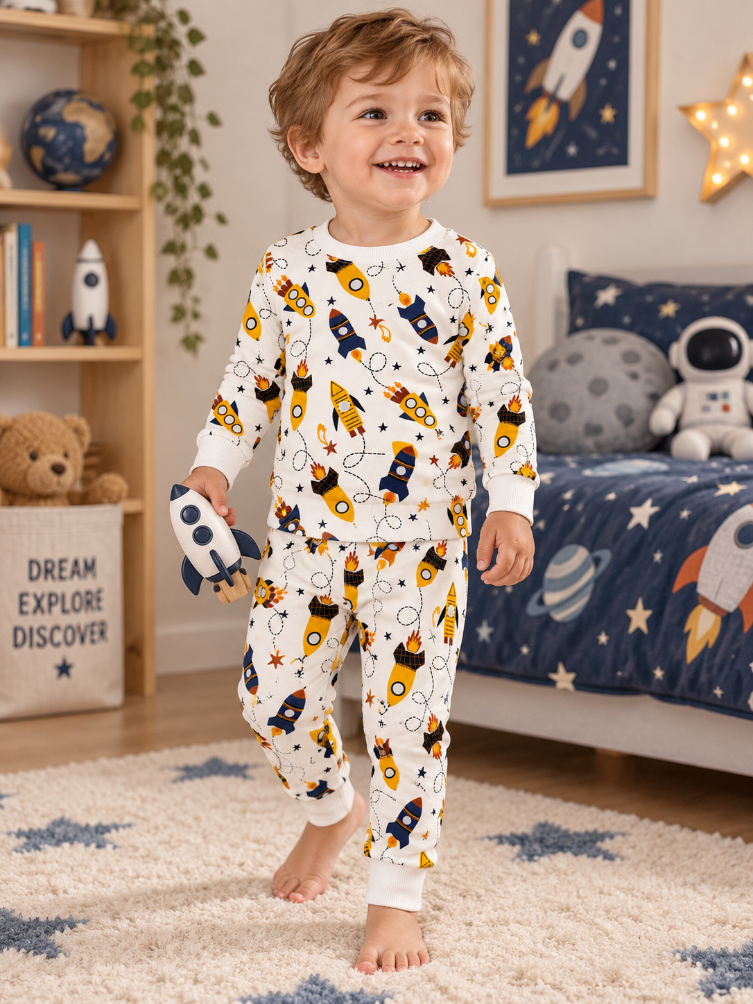 Boy wearing Boys and Baby Boys Rocket Pajamas