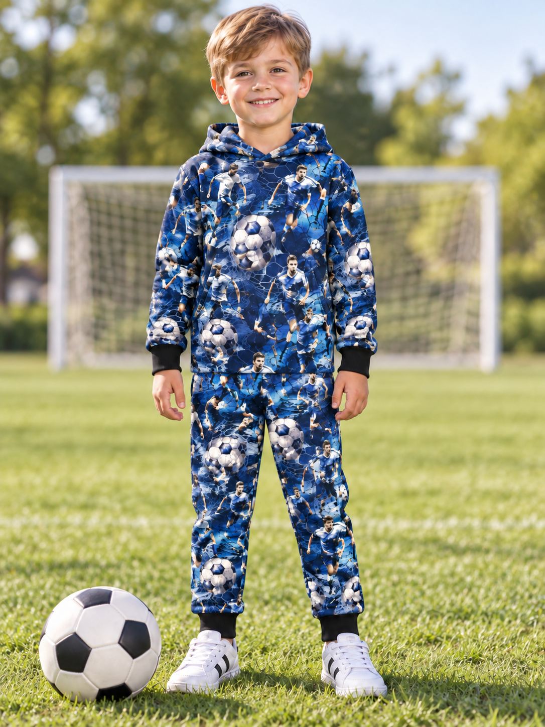 Boy wearing the Blue Soccer Set with Hood