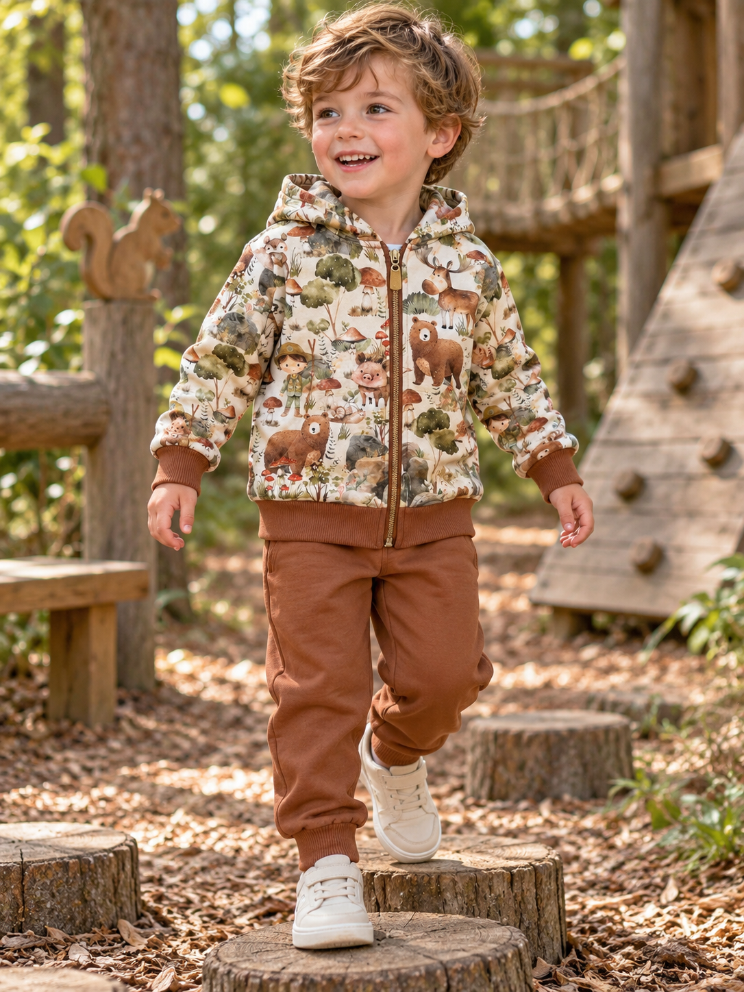 Child wearing Boys Forest Animals Zipper Set in a natural lifestyle setting