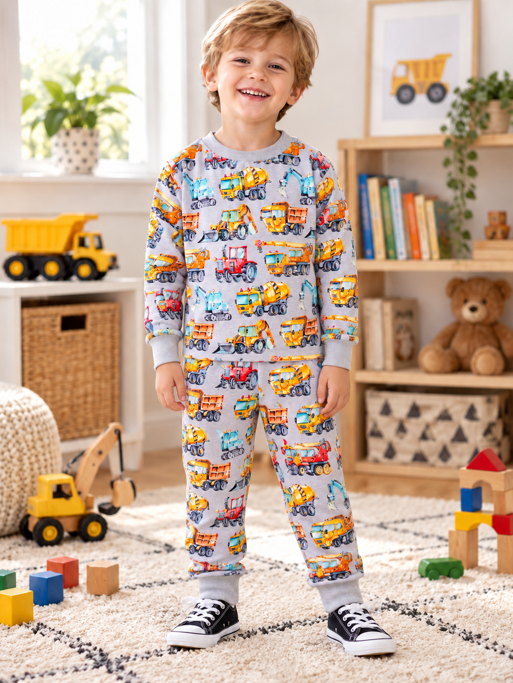 Boy wearing Boys Gray Trucks Set