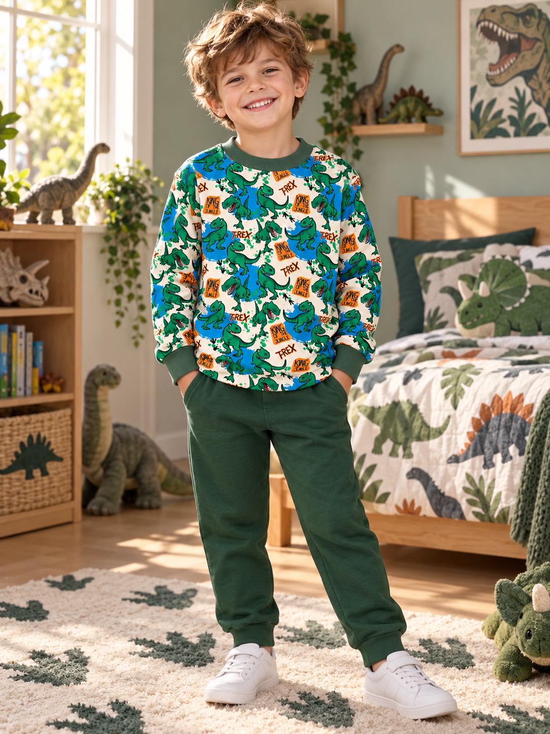 Boy wearing Boys Green Dinosaurs Sweatshirt