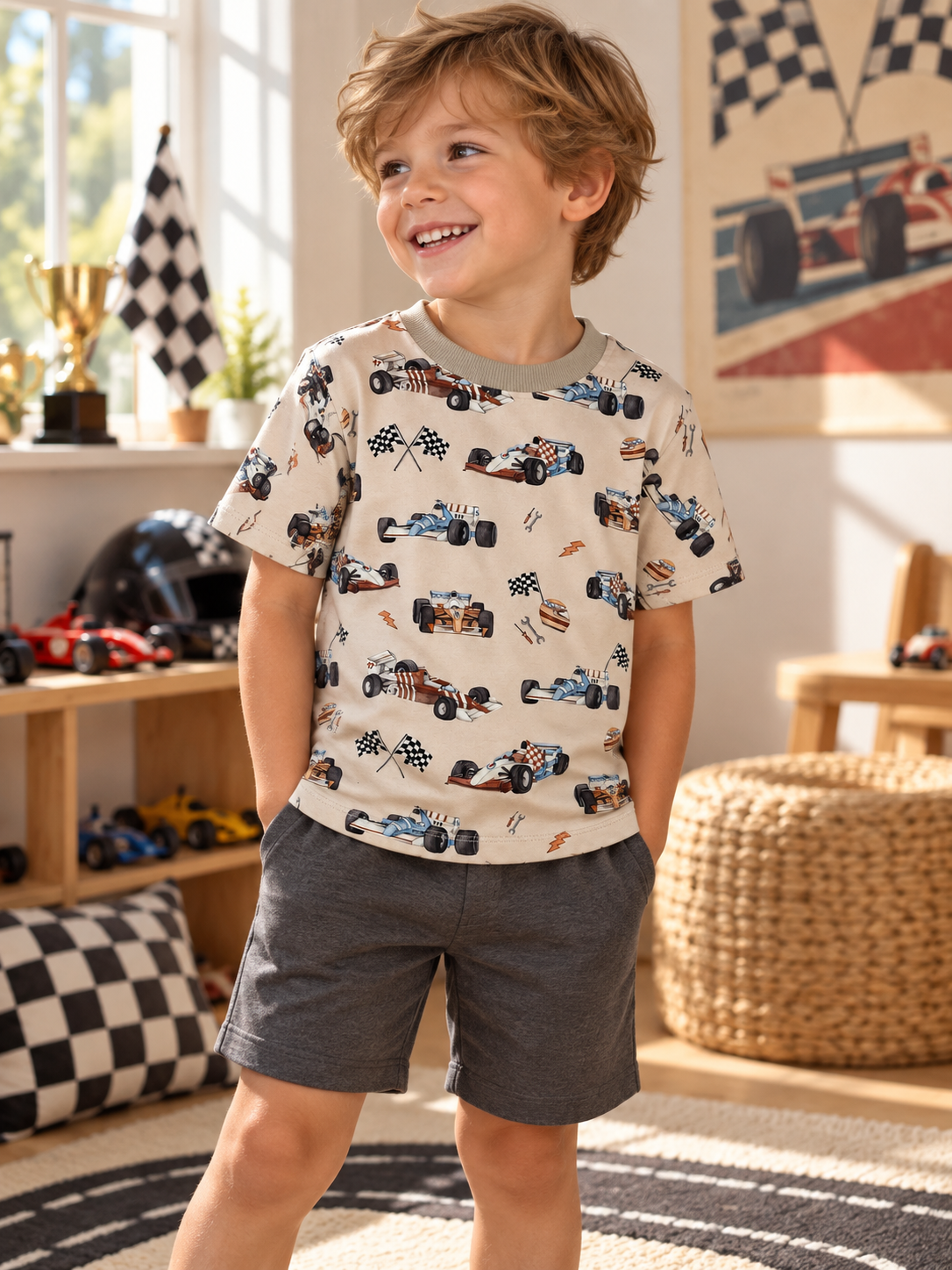 Boy wearing Boys Race Cars T-Shirt