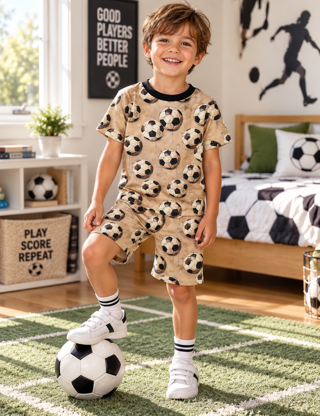 Boy wearing Boys Soccer Ball Short-Sleeve Set
