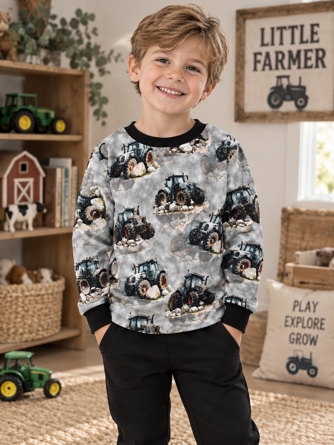 Boy wearing Boys Tractors Sweatshirt