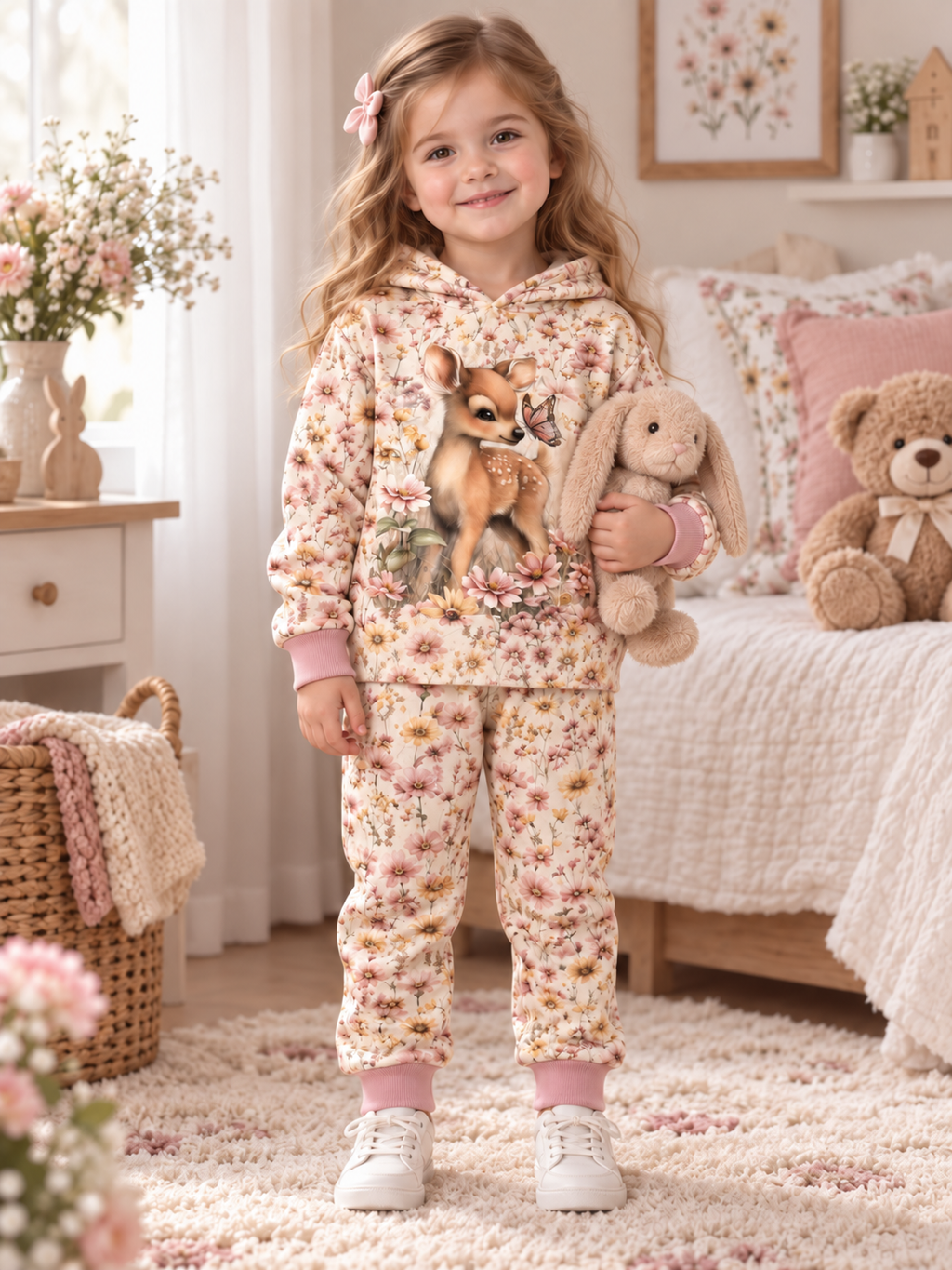 Girl wearing the Floral Deer Set