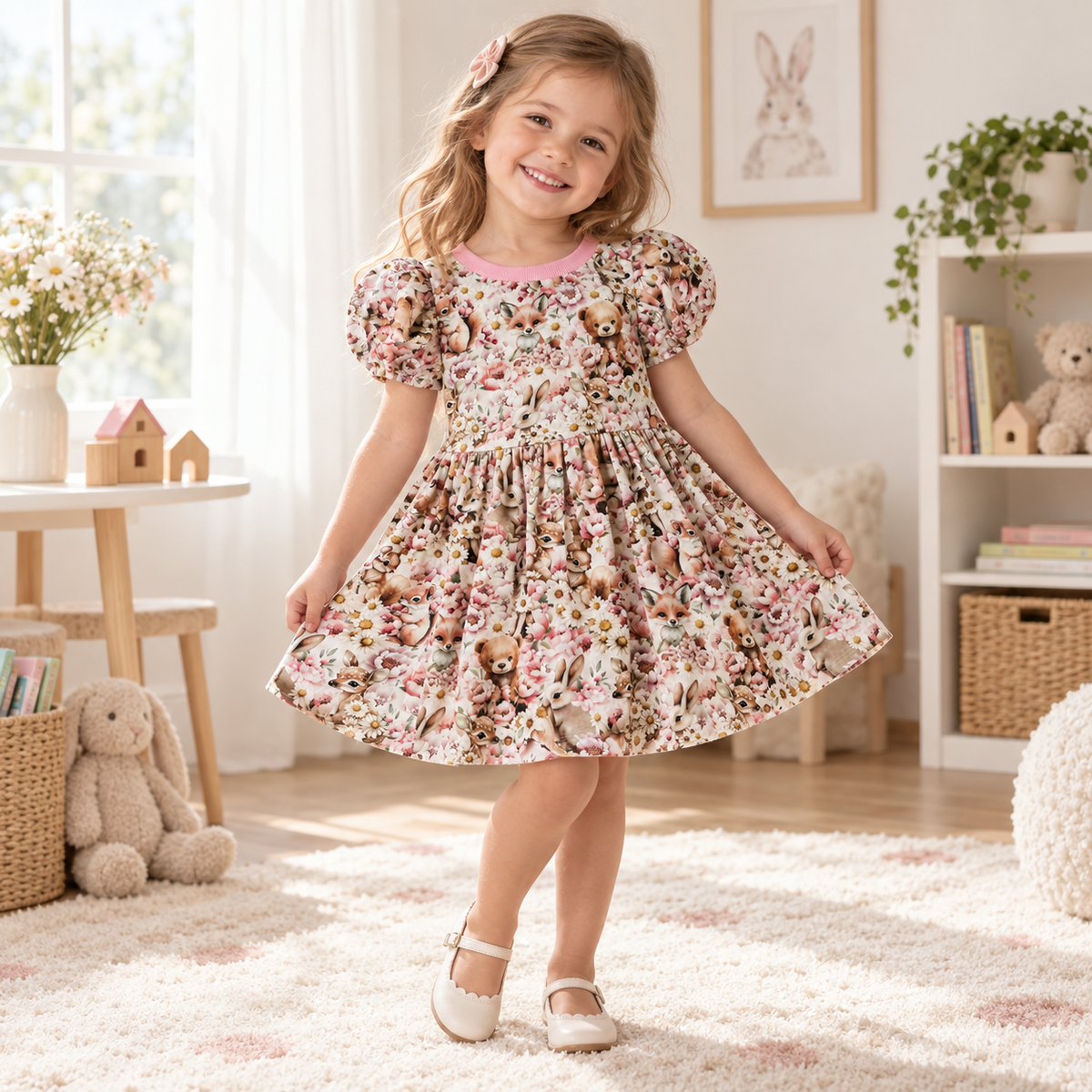 Child wearing Girls Forest Animal Dress in a natural lifestyle setting