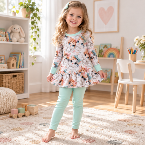 Child wearing Girls Mint Cats Tunic and Leggings Set in a natural lifestyle setting