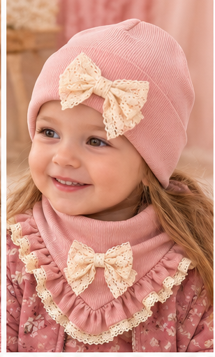 Child wearing Girls Pink Hat Set with Lace Bow