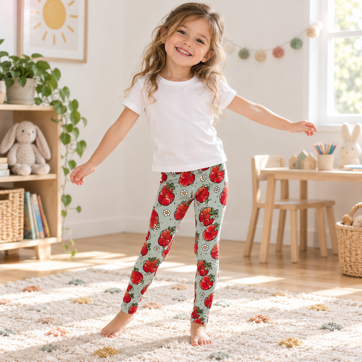 Child wearing Girls Strawberries Leggings in a natural lifestyle setting