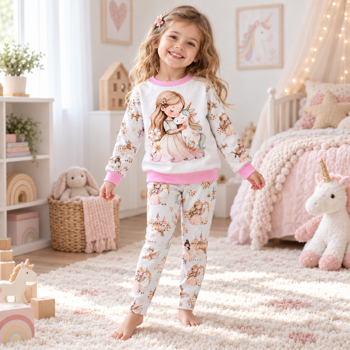 Child wearing Girls Unicorn Set in a natural lifestyle setting