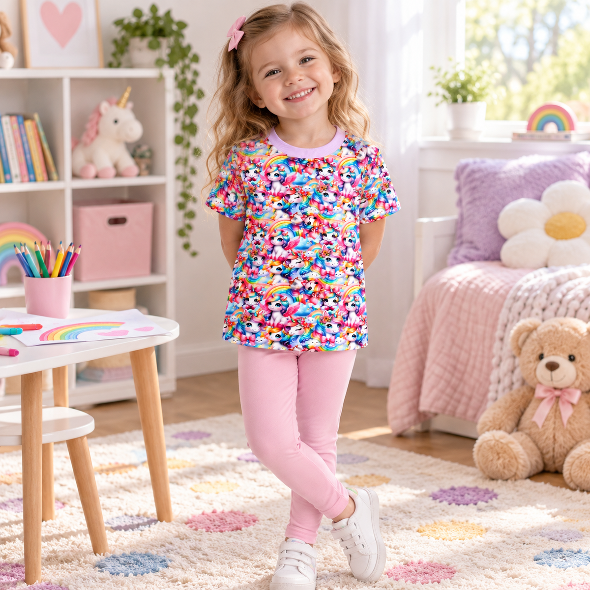 Child wearing Girls Unicorns T-Shirt in a natural lifestyle setting