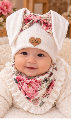 Child wearing Girls White/Pink Hat Set with Bunny Ears and Bow